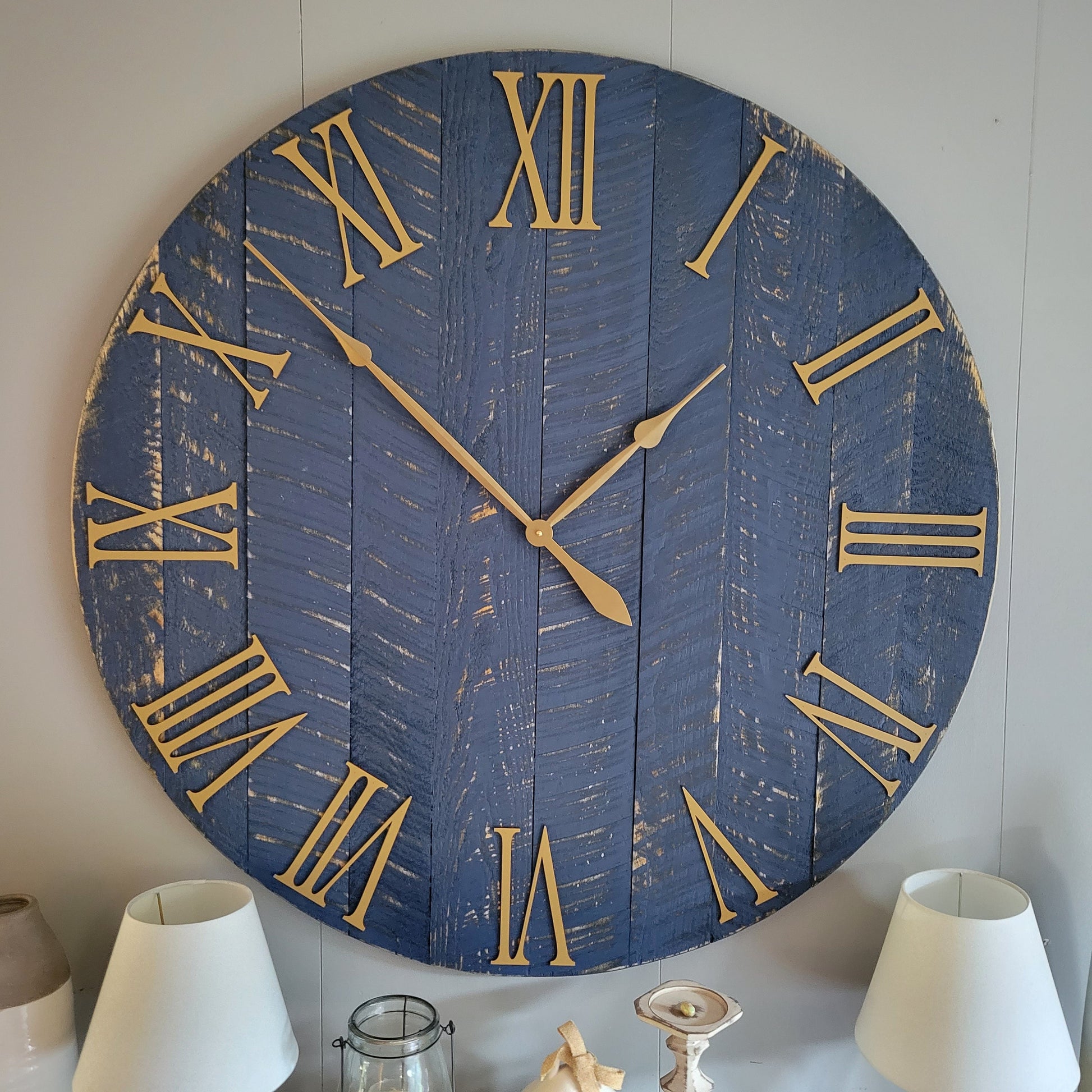 42" Farmhouse Clock in Blue with Gold Numbers