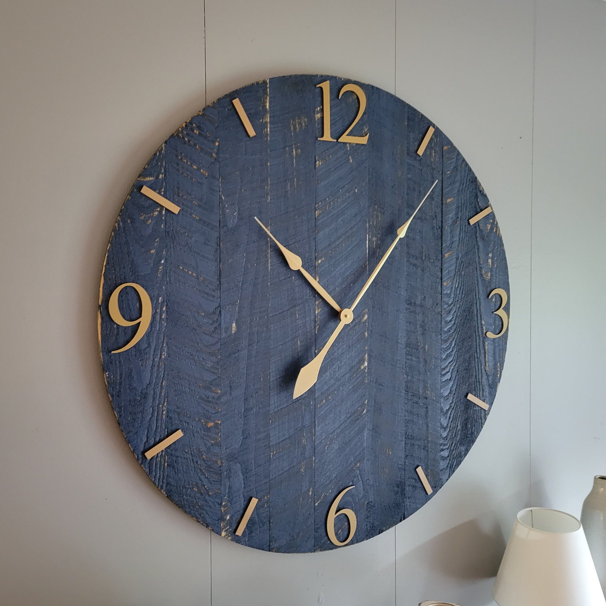 36" Farmhouse Clock in Blue with Gold Numbers