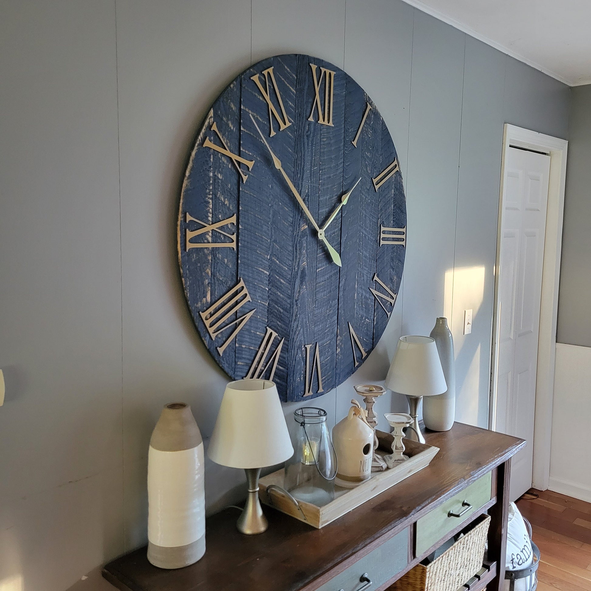 42" Farmhouse Clock in Blue with Gold Numbers