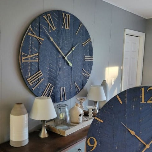 Large Wall Clock / 18" - 42" / Farmhouse Clock / Oversized wall clock/ Blue and Gold